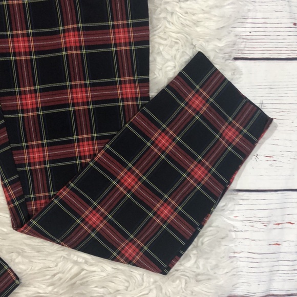 Zara Tartan Plaid Checkered Red High Waisted Elastic Trousers - Picture 10 of 11